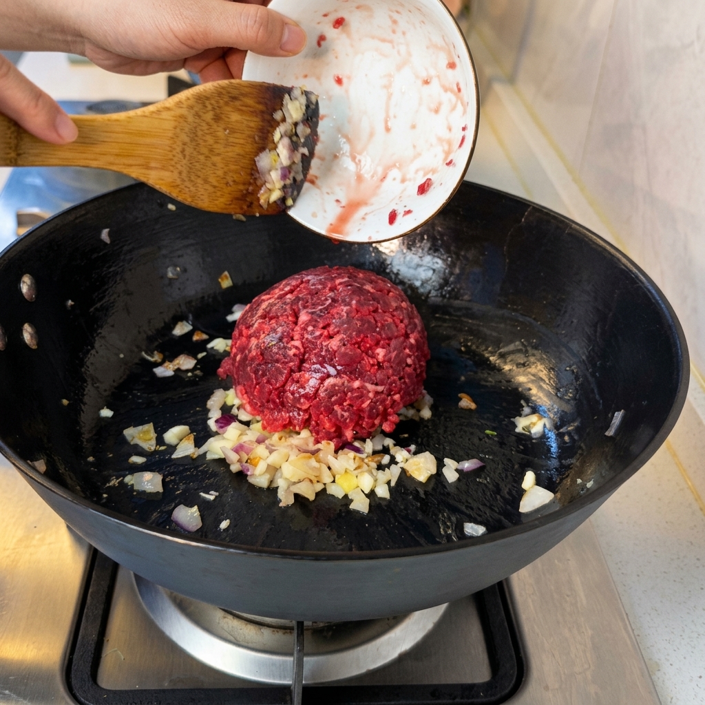 Carne picada salteándose en una sartén negra con cebolla y ajo.