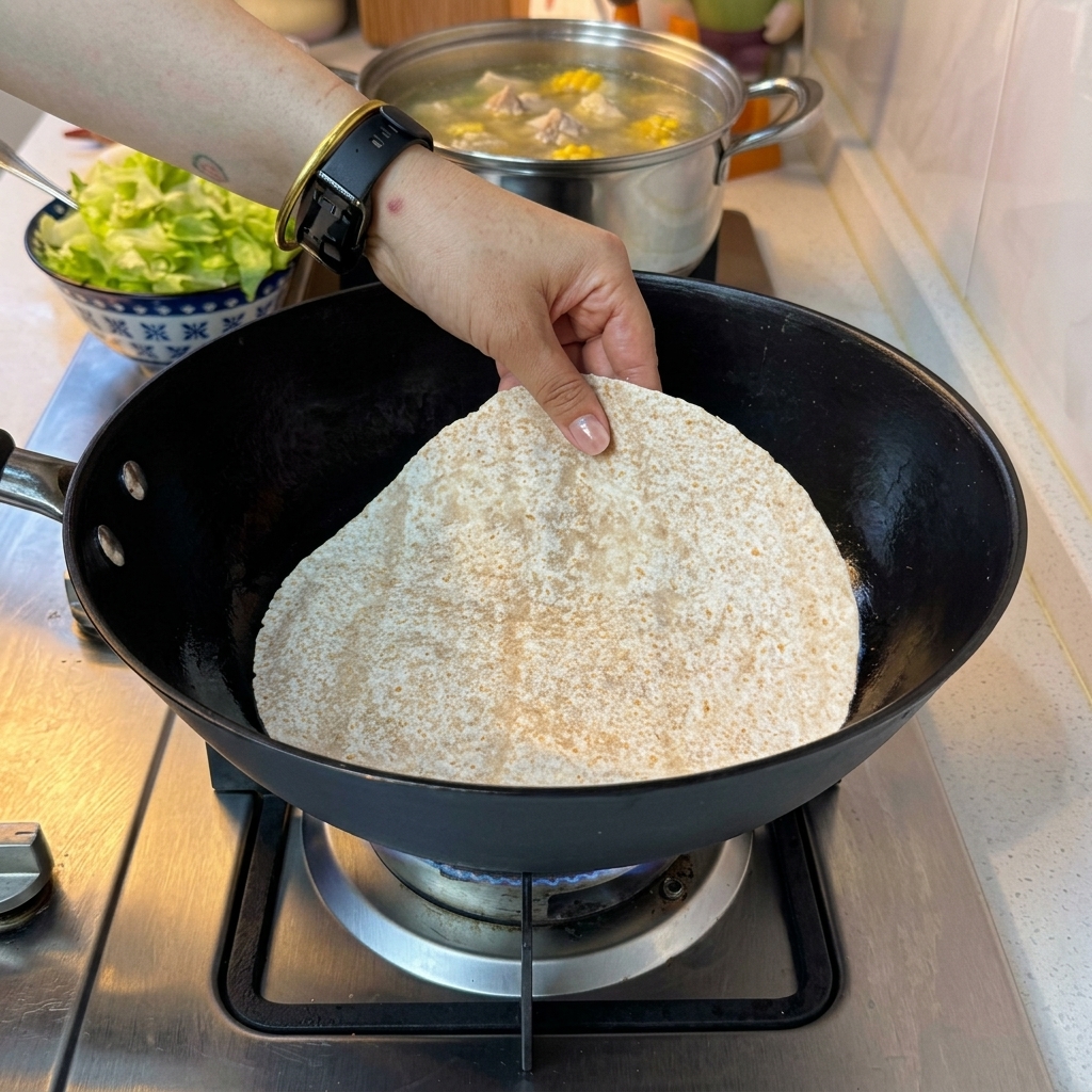 Una tortilla en la sartén cubierta con una capa de queso rallado.
