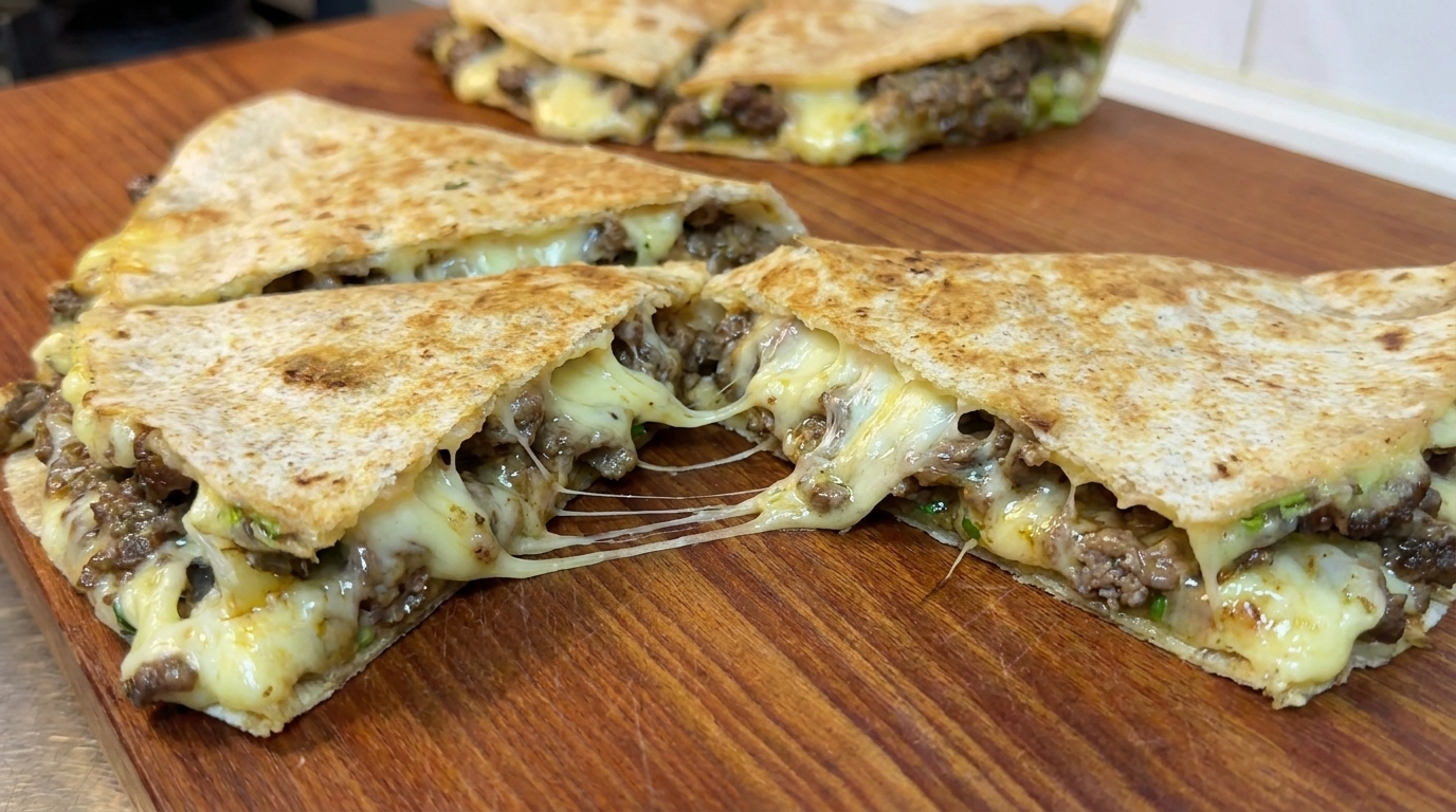 Una quesadilla de ternera y queso dorada y crujiente, cortada para mostrar un relleno de queso fundido y carne sazonada.