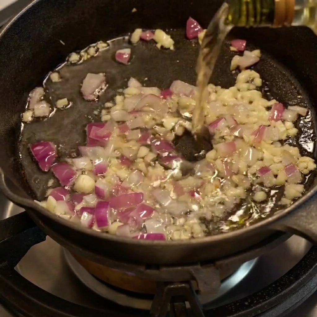 Vino blanco burbujeando en la sartén de hierro fundido al entrar en contacto con la superficie caliente.