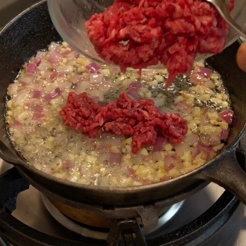 Carne picada dorándose en la sartén de hierro fundido junto con la cebolla y el ajo.