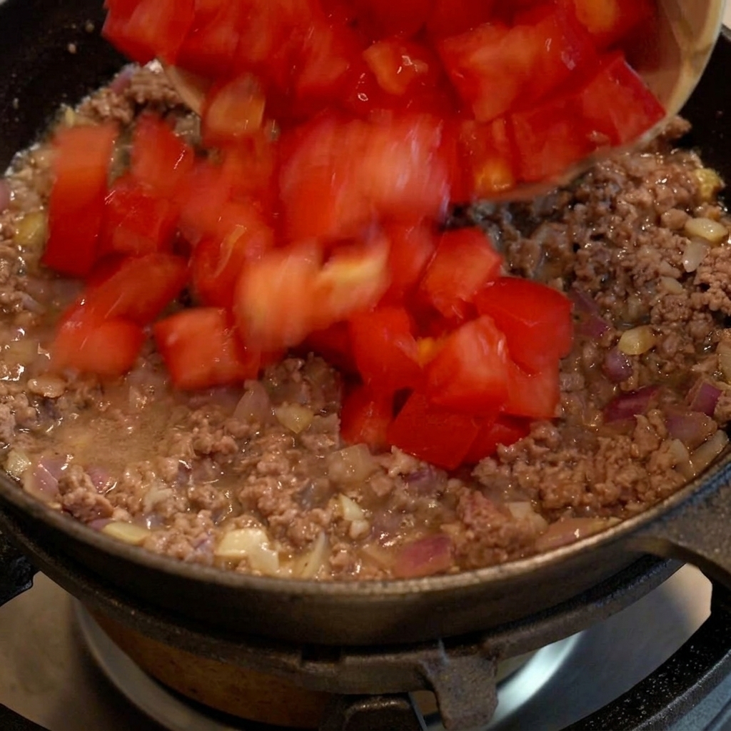 Tomates troceados mezclados con la carne picada dorada en la sartén.