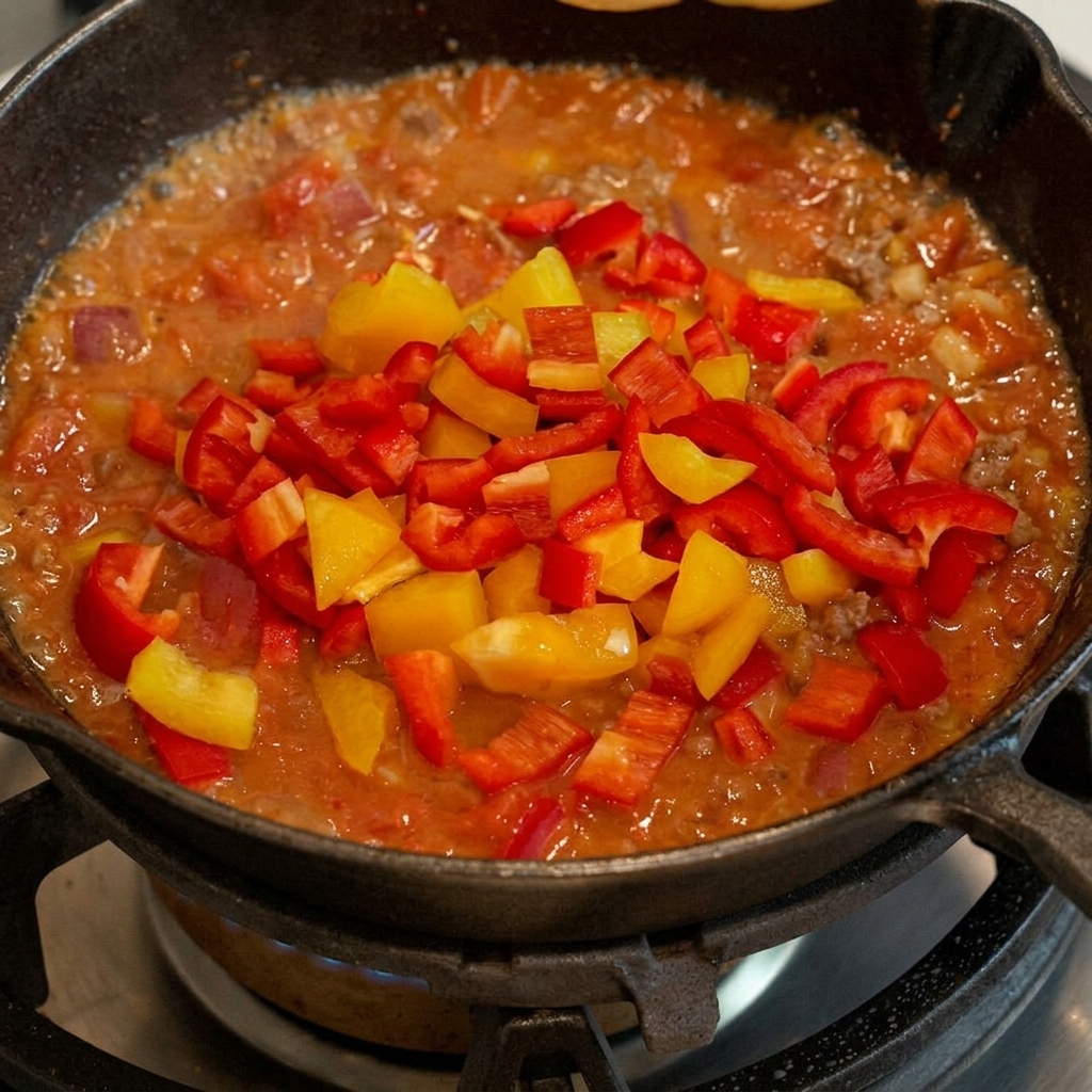 Pimientos amarillos troceados siendo integrados a la base de carne y tomate en la sartén.