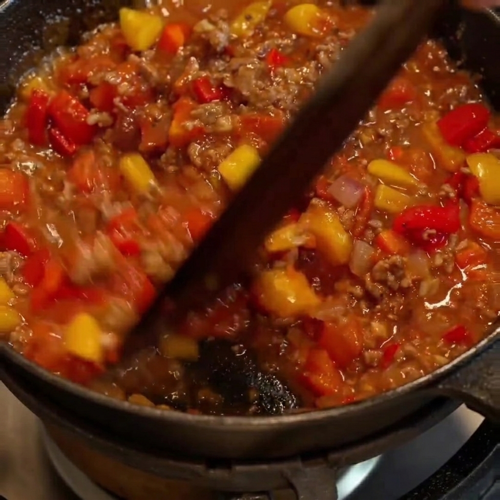 Queso rallado siendo esparcido sobre la mezcla de carne y pimientos en la sartén.
