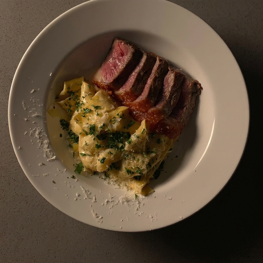 Un filete crudo y sazonado siendo colocado en una sartén de acero inoxidable para comenzar a sellar.