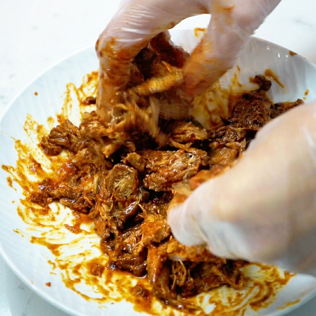 Primer plano de unas manos con guantes desmenuzando cerdo ahumado sazonado en un plato blanco.