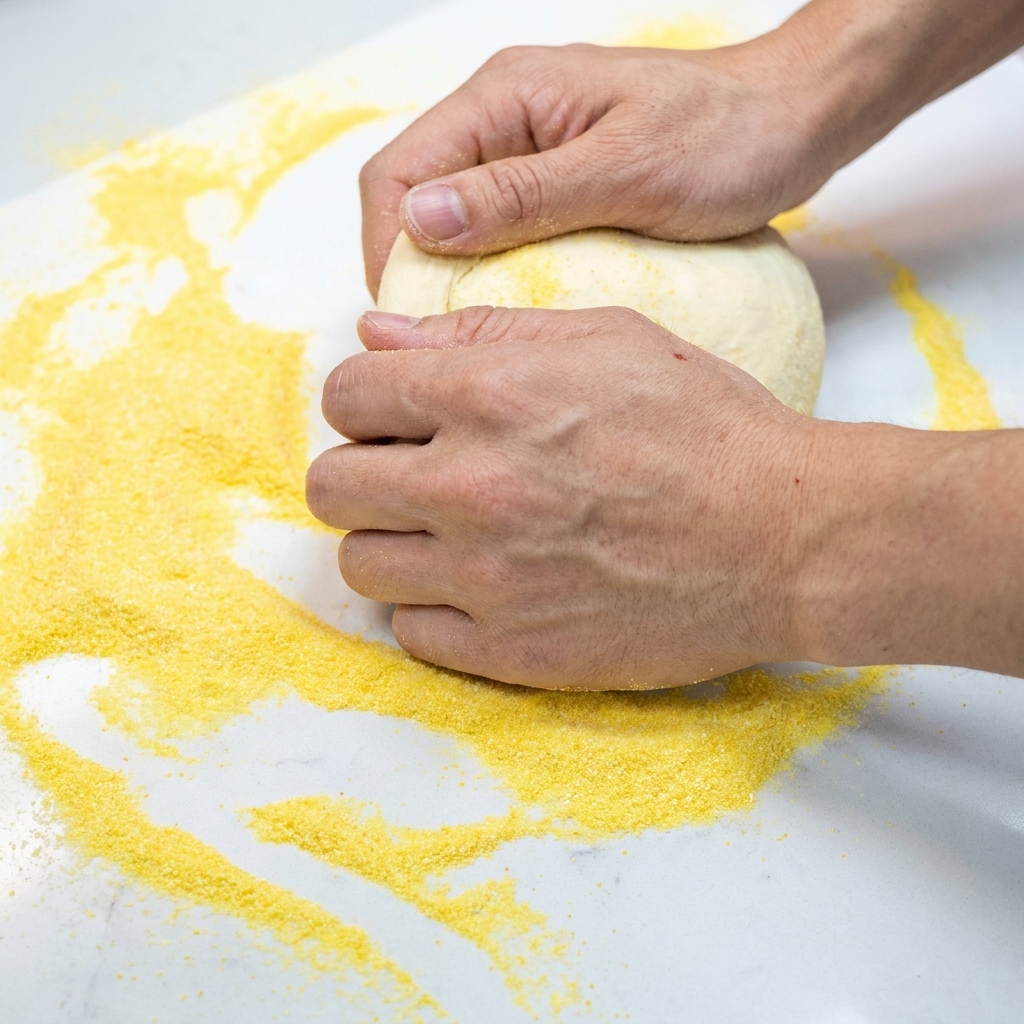 Manos estirando una bola de masa fermentada para formar una base de pizza sobre una superficie espolvoreada con harina de maíz.