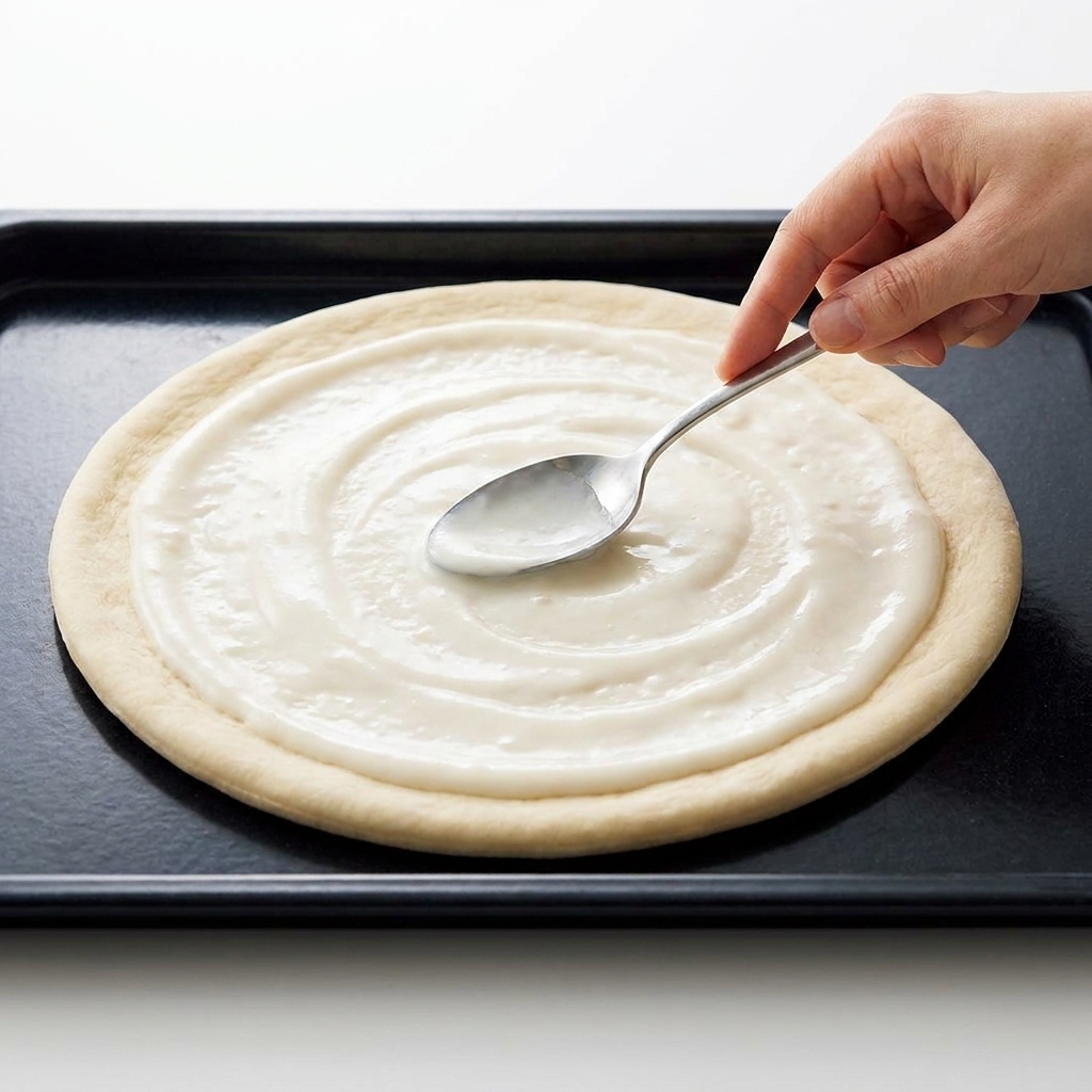 Una cuchara extendiendo salsa bechamel sobre una base de masa de pizza cruda.