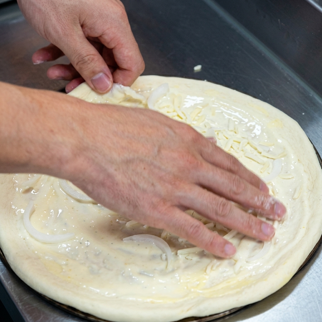 Rodajas de cebolla blanca sobre la base de la pizza cubierta de salsa y una capa de queso rallado.