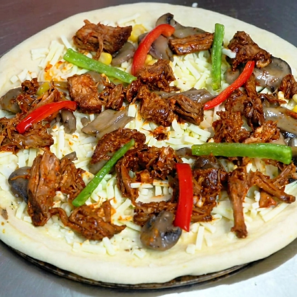 Una pizza cubierta con tiras de pimiento, maíz y una capa final de queso rallado, lista para el horno.