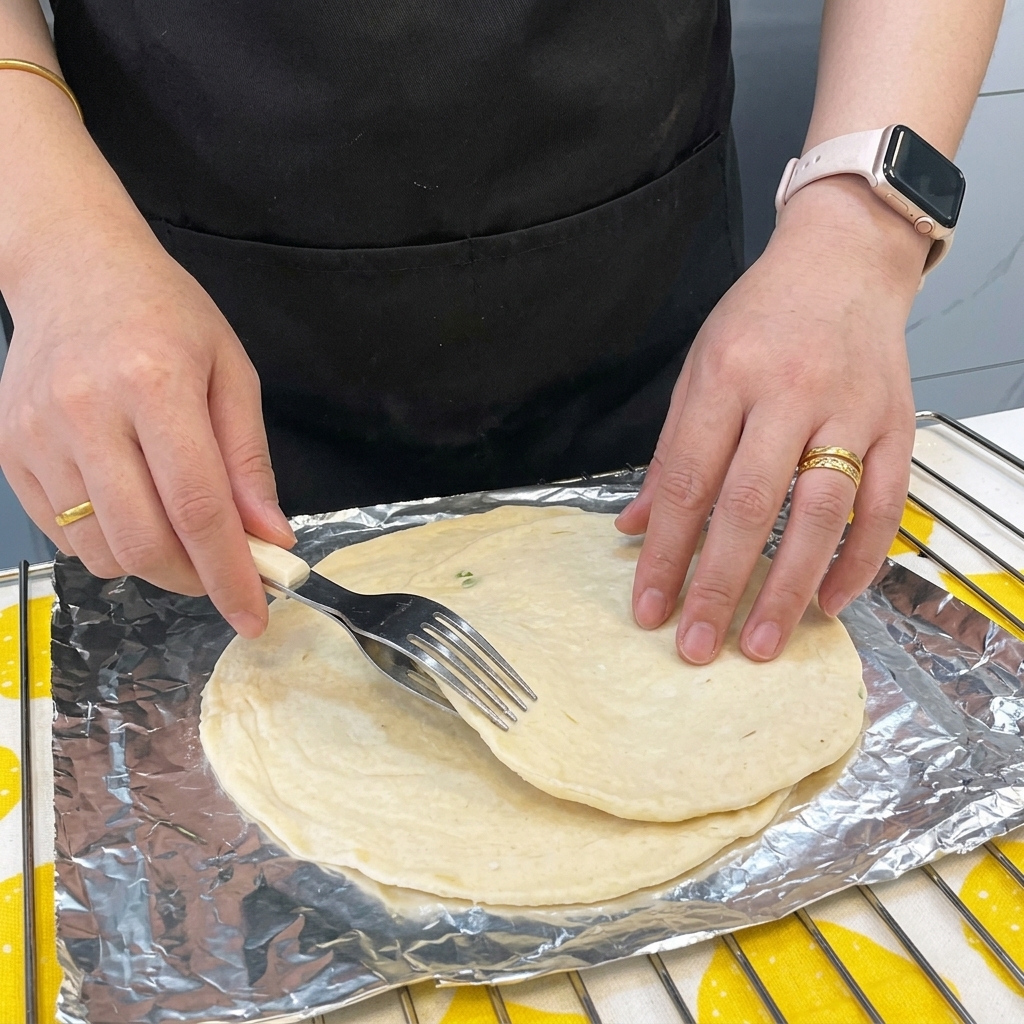 Dos panqueques de cebollín apilados siendo perforados uniformemente con un tenedor.