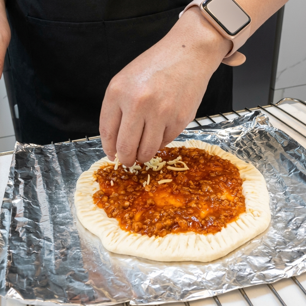 Mano esparciendo queso mozzarella rallado sobre la base cubierta de salsa.