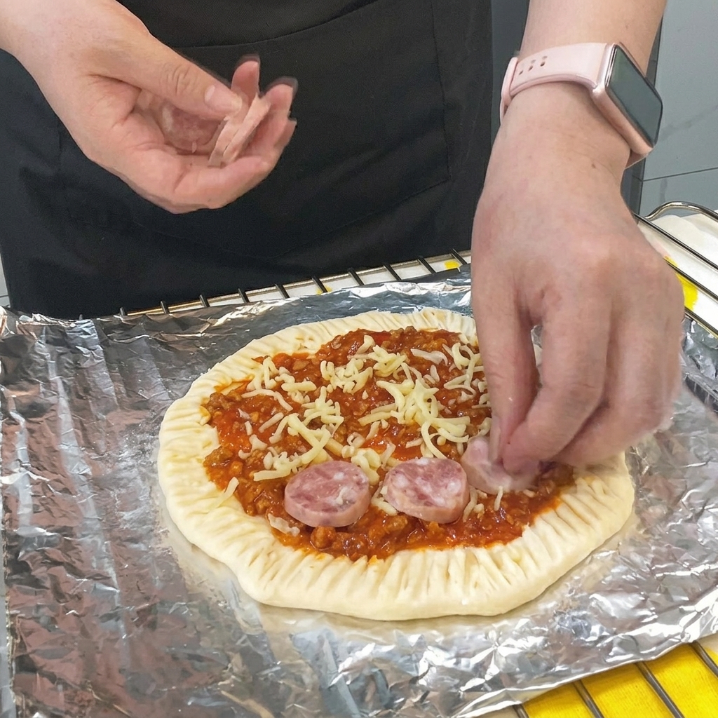 Rodajas de salchicha colocadas en formación circular sobre la capa de queso.
