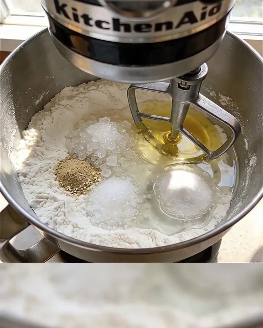 Vista cercana del tazón de una batidora de pie con harina, levadura, azúcar, sal, agua y aceite de oliva, con el gancho para amasar a punto de comenzar a mezclar.