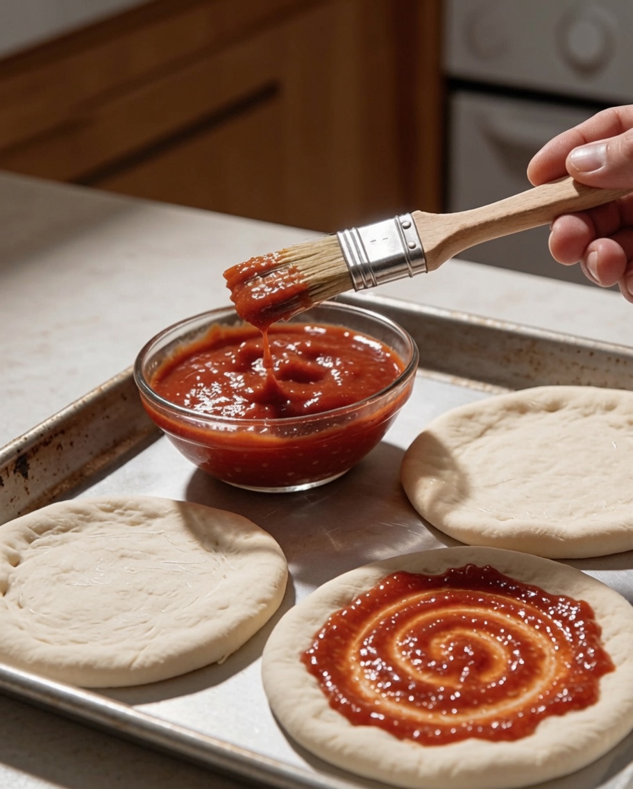 Un pincel de repostería untando salsa de tomate sobre una masa de pizza redonda en una bandeja de metal para hornear.
