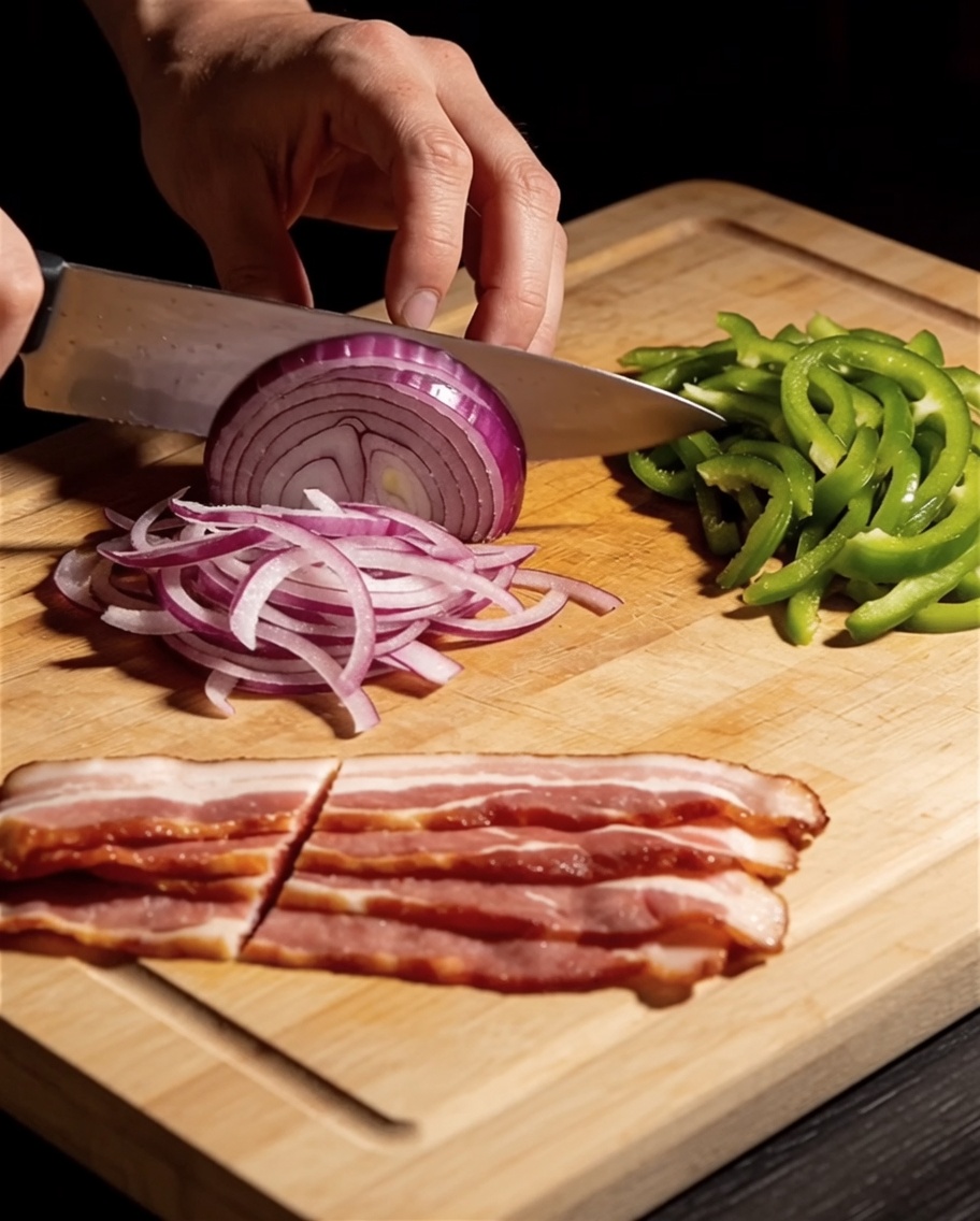 Rodajas de cebolla, pimiento verde y tiras de tocino crudo sobre una tabla de cortar de madera.