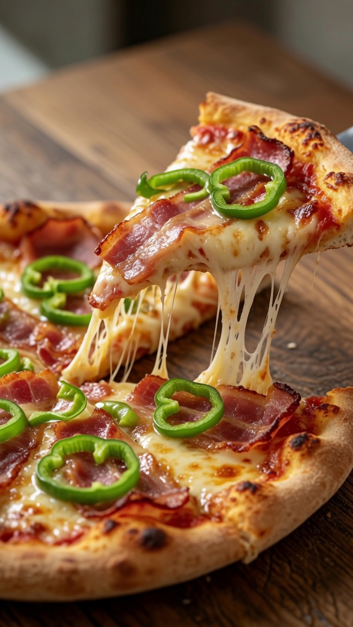 Una porción de pizza recién horneada, cargada de queso mozzarella derretido, sabroso tocino y pimiento verde fresco.