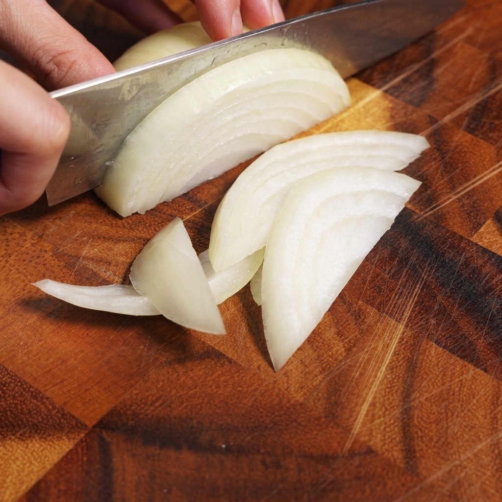 Rodajas de cebolla blanca sobre una tabla de cortar de madera.