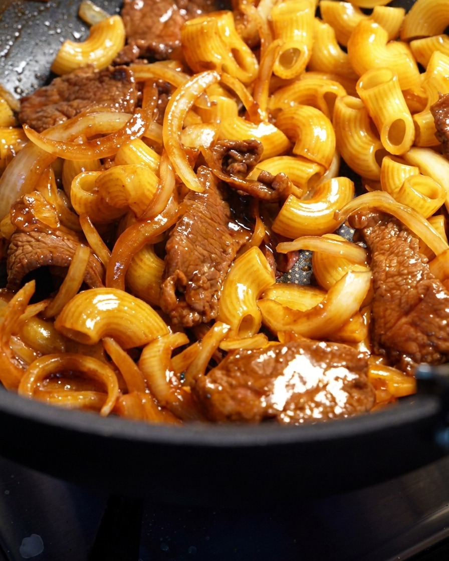 Macarrones, tiernas rodajas de ternera y cebollas mezcladas en una rica salsa sabrosa dentro de una sartén.