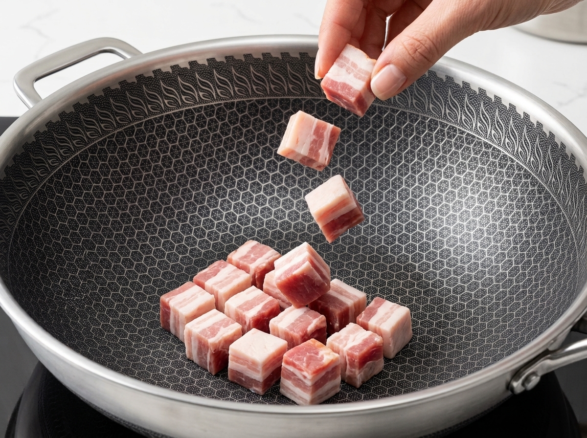 Trozos de tocino friéndose en una sartén, dorándose con la grasa derretida en el fondo.