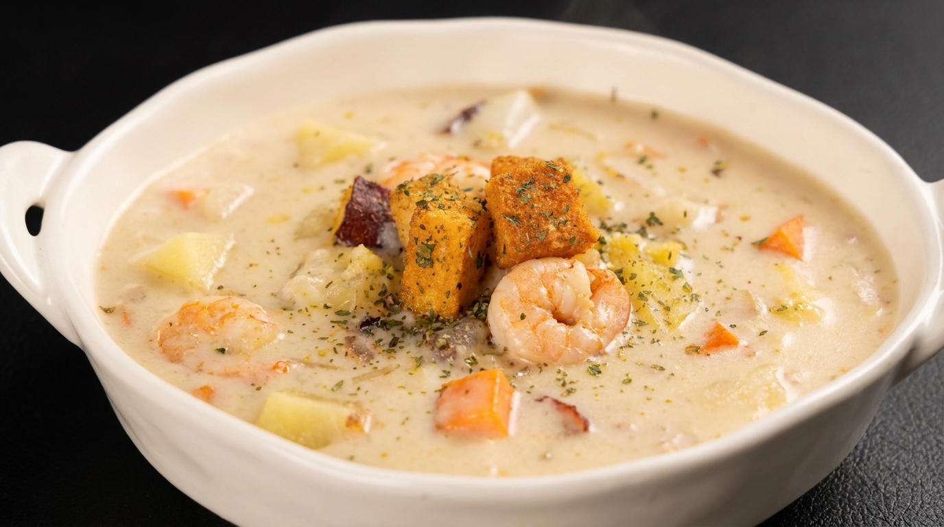 Sopa Cremosa de Mariscos y Tocino