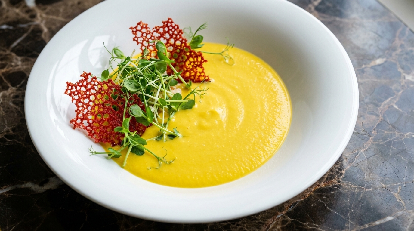 Una crema de elote vibrante y tersa, decorada con tejas de coral rojo y brotes frescos.