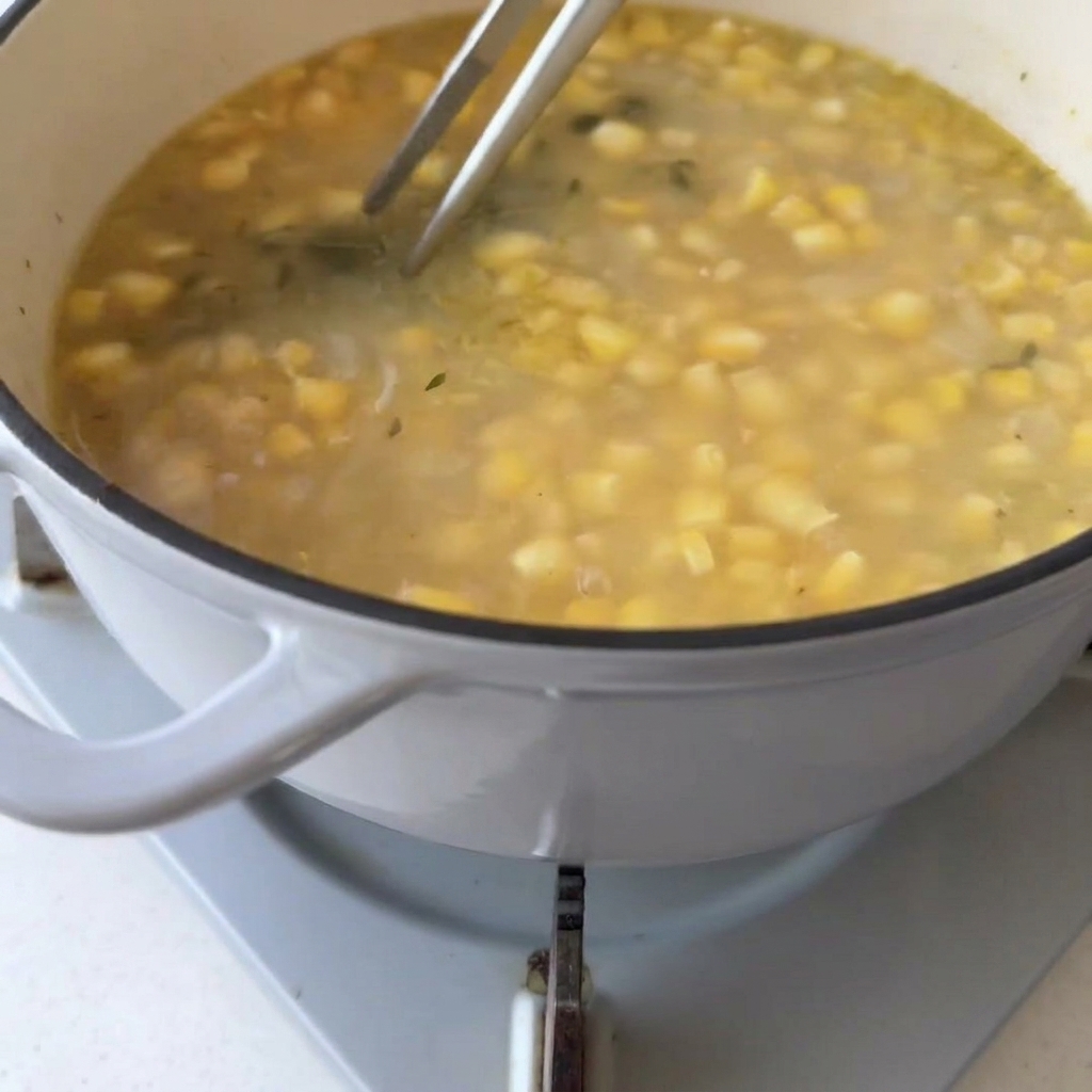 Pinzas de metal sacando una ramita de tomillo cocido de una olla de sopa de verduras.