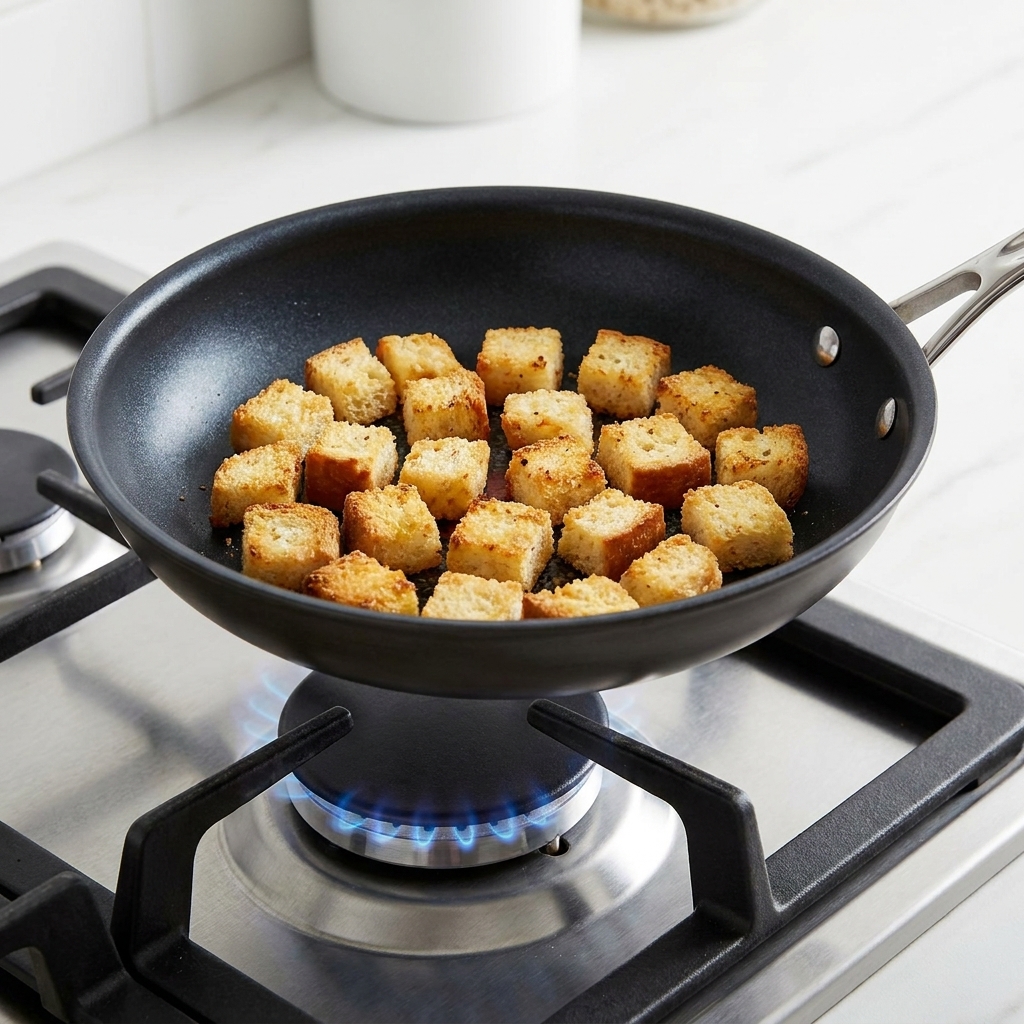 Pequeños cubos de pan tostándose hasta dorarse en una sartén oscura antiadherente sobre una estufa de gas.