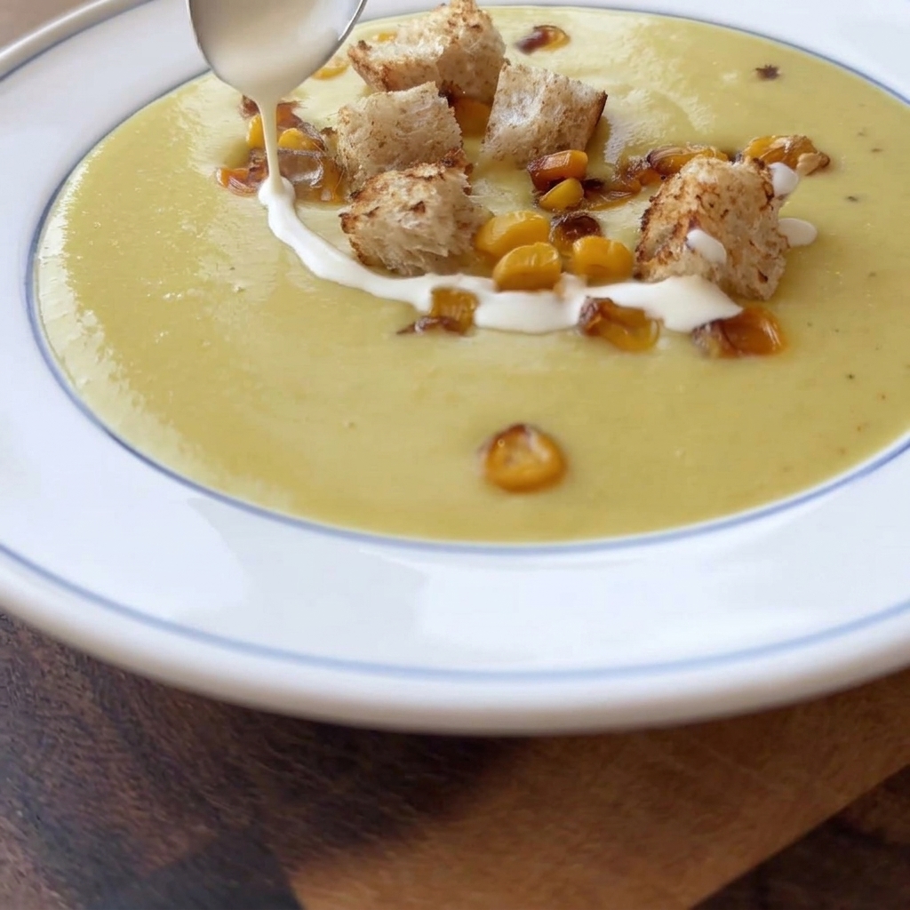 Un tazón emplatado de sopa cremosa de maíz coronado con cubos de pan tostado y granos enteros de maíz, siendo adornado con un chorrito de crema blanca desde una cuchara.