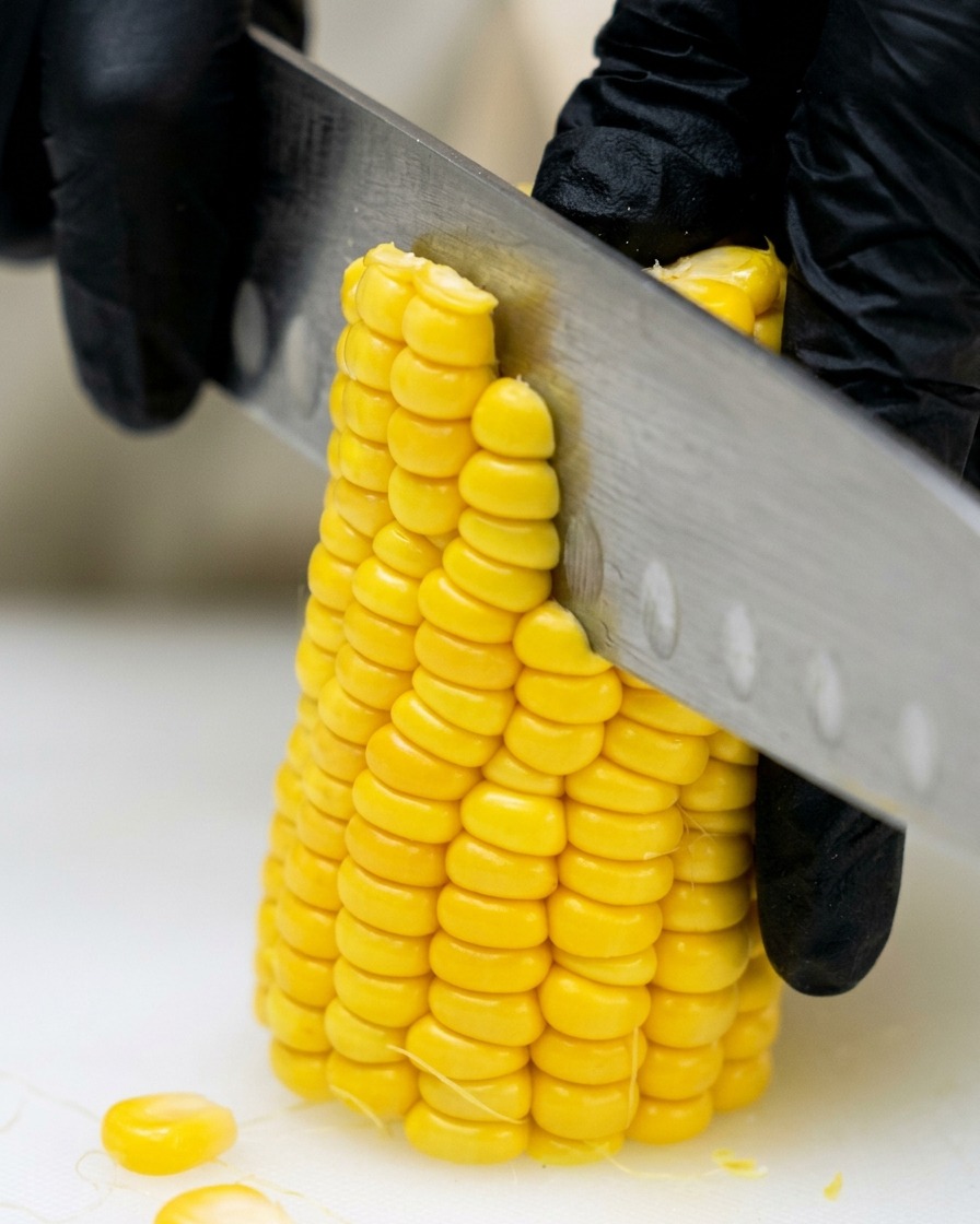 Mano con guante usando un cuchillo de acero inoxidable para cortar los granos de maíz amarillo de una mazorca sobre una tabla de cortar blanca.