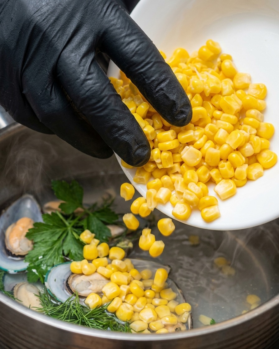 Mano con guante vertiendo granos de maíz amarillo desde un plato blanco a una olla humeante con agua hirviendo y hierbas.