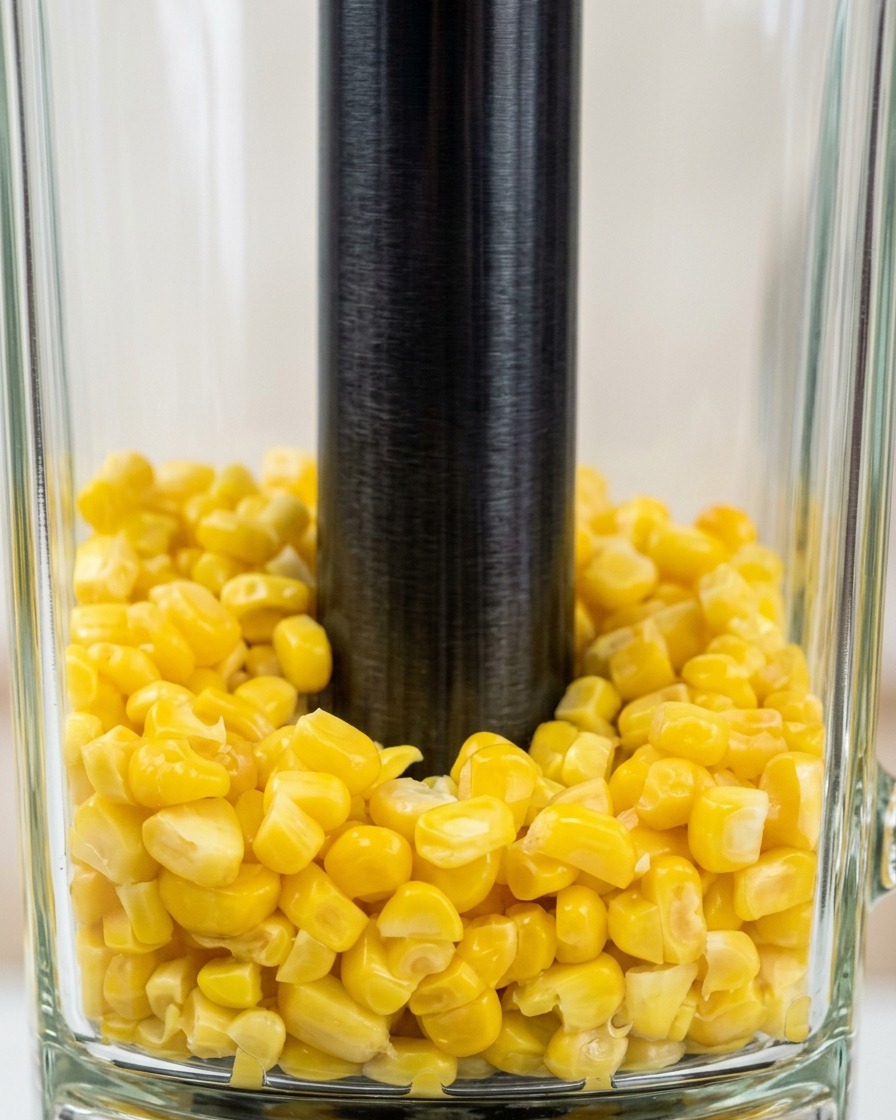 Jarra de cristal de licuadora llena de granos de maíz amarillo cocidos, listos para ser triturados.