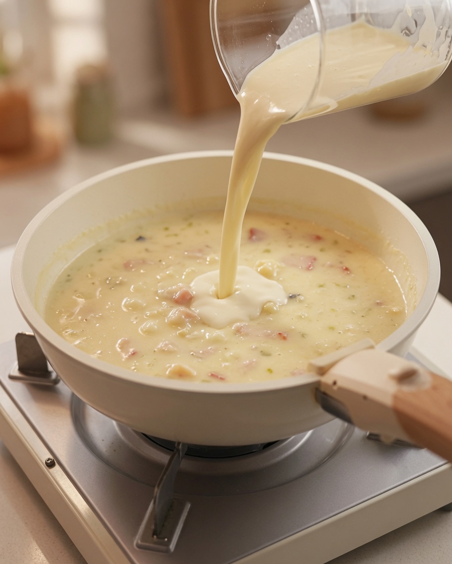Crema para batir vertiéndose en la olla de sopa, mezclándose con la base.