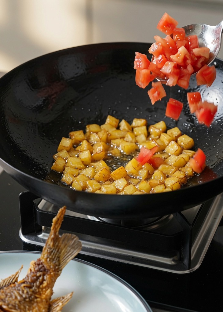 Tomates y patatas en cubos siendo salteados juntos en un wok.