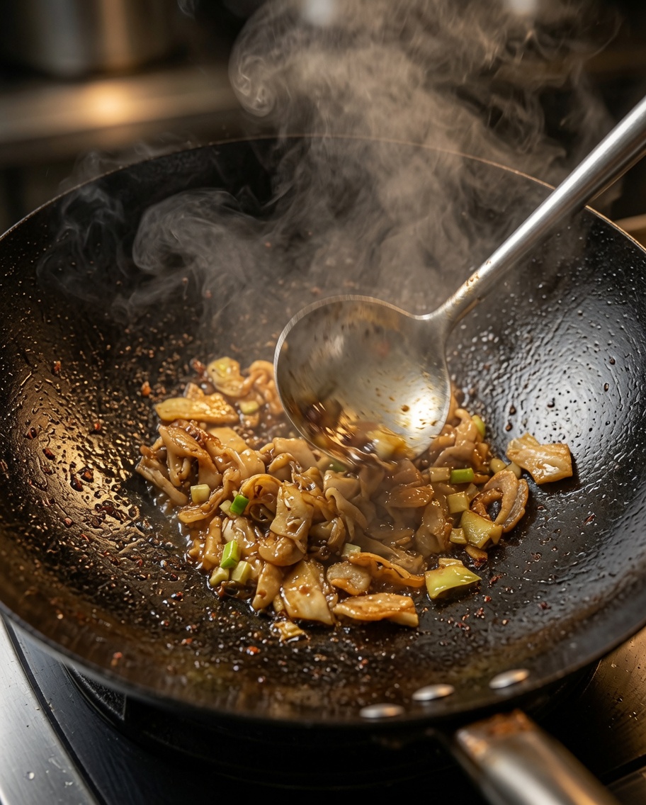 Tiras de patata frescas siendo incorporadas al wok con el cerdo cocinado y los aromáticos.