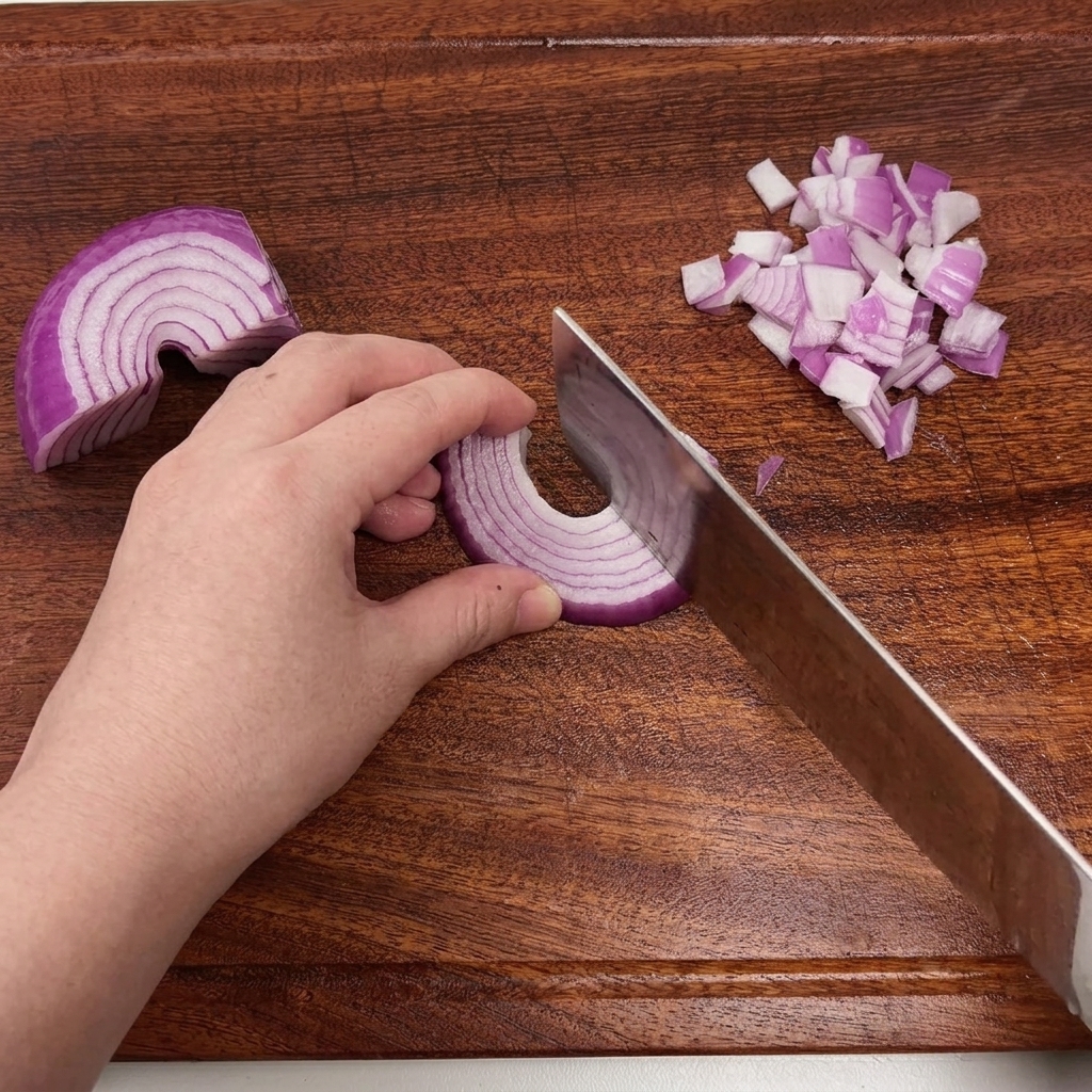 Una mano usando un cuchillo de chef para picar cebolla morada sobre una tabla de cortar de madera.