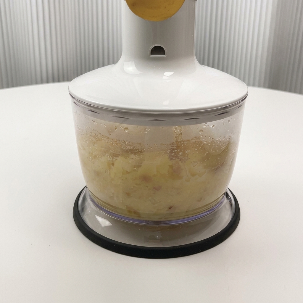 Patatas cocidas y caldo siendo triturados dentro del vaso de un procesador de alimentos.