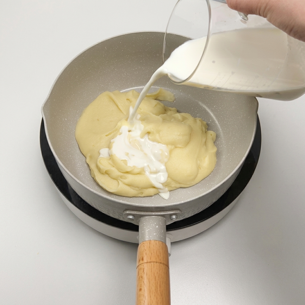 Vertiendo leche de una jarra medidora en una sartén con puré de patata suave.