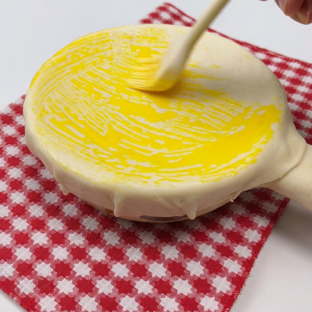 Un cuenco de sopa cubierto con masa siendo pincelado con yema de huevo para crear una costra dorada.