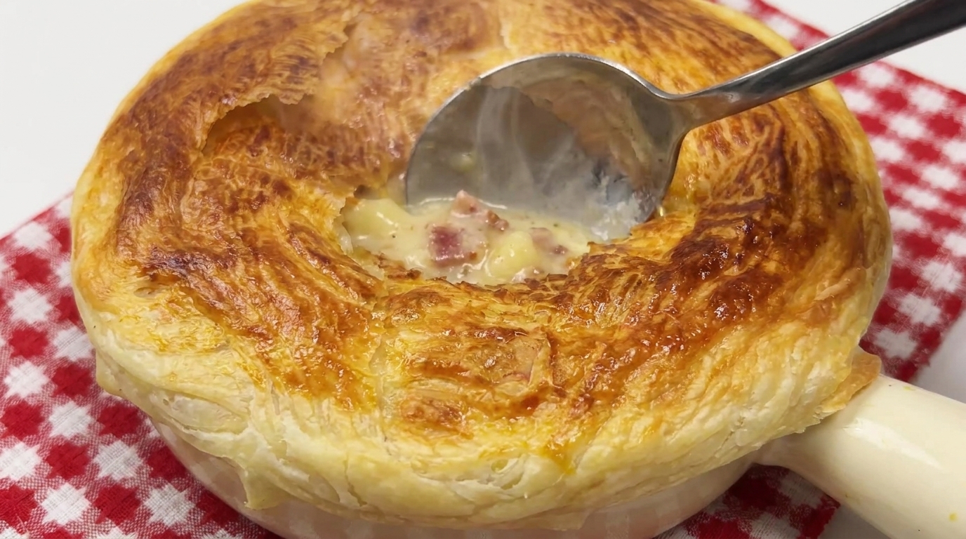 Sopa de Patata y Bacon con Costra de Hojaldre