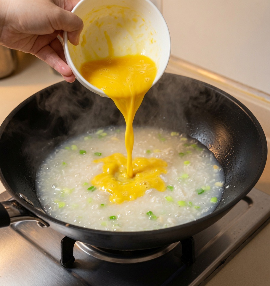 Una mano vertiendo un huevo batido de un tazón blanco a un wok burbujeante de caldo de almejas y cebollinos.