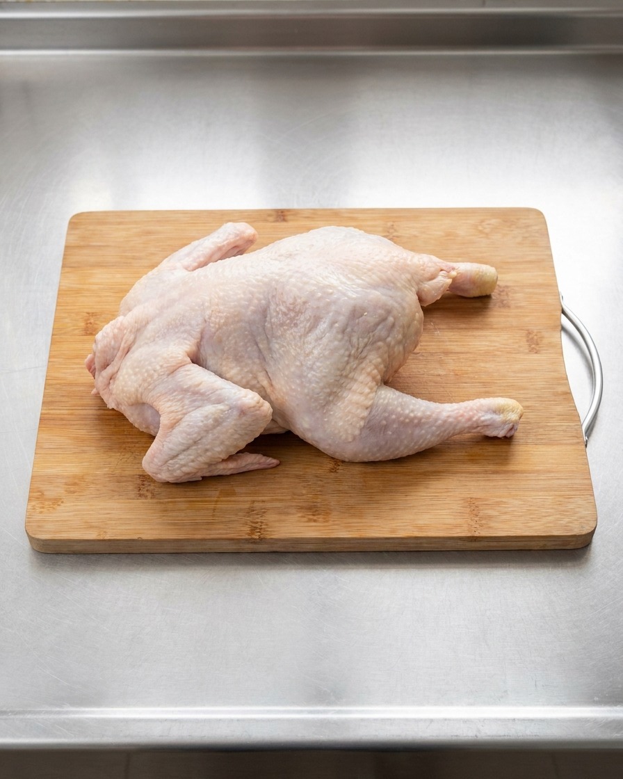 Un pollo entero sobre una tabla de cortar de madera, listo para ser troceado.