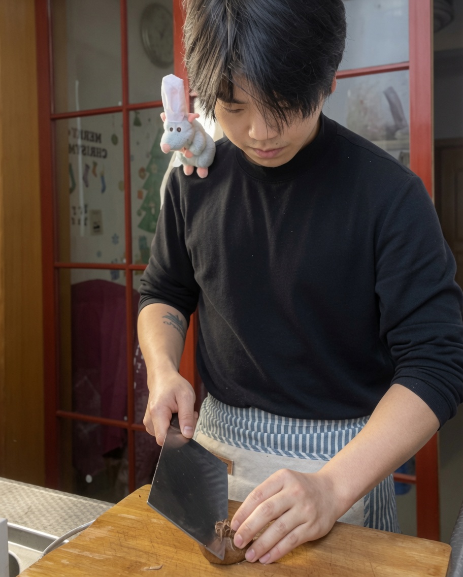 Primer plano de las manos de un chef haciendo un corte en cruz decorativo en la parte superior de una seta shiitake fresca.