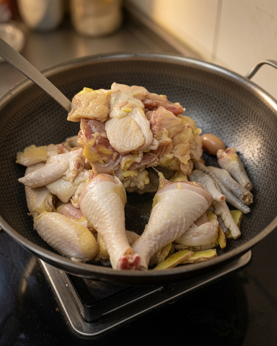 Trozos de pollo siendo salteados en un wok junto al jengibre, la carne se vuelve opaca y empieza a dorarse.