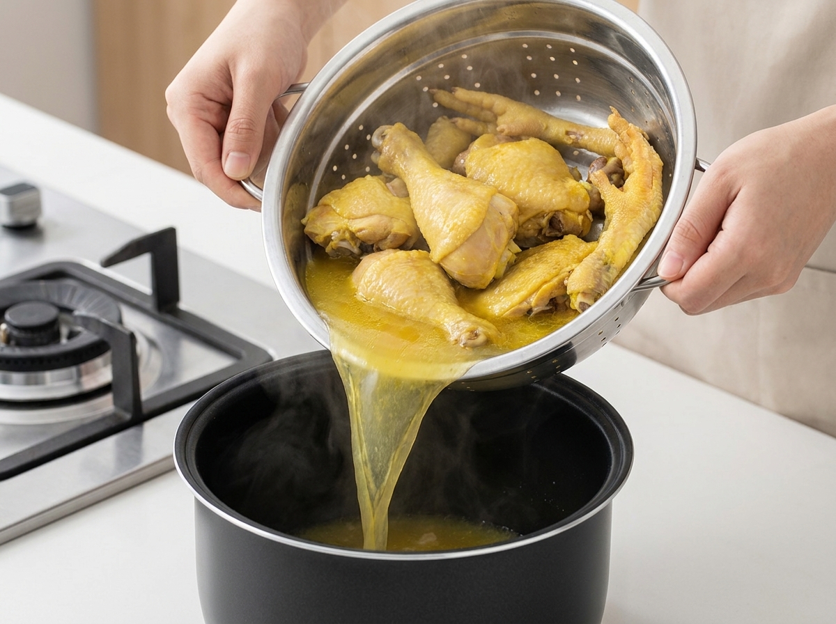 El pollo y el jengibre salteados siendo transferidos desde un colador de acero inoxidable a la base de una olla a presión.