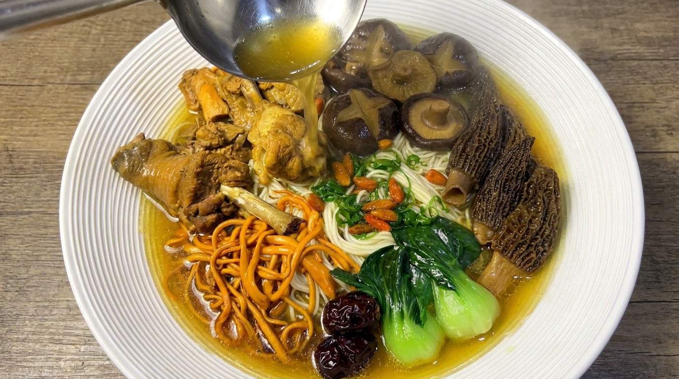 Fideos con Pollo Estofado y Setas Nutritivas