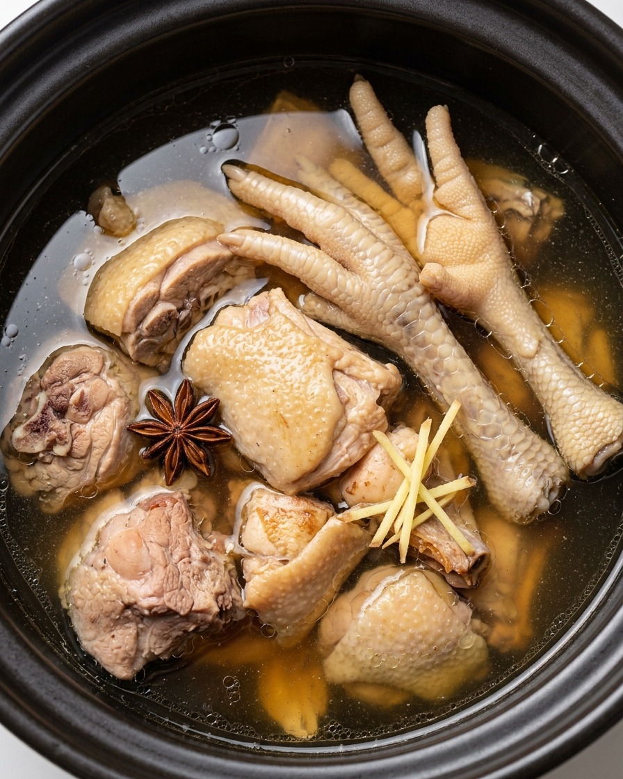 Trozos de pollo sofritos y rodajas de jengibre listos en una olla a presión.