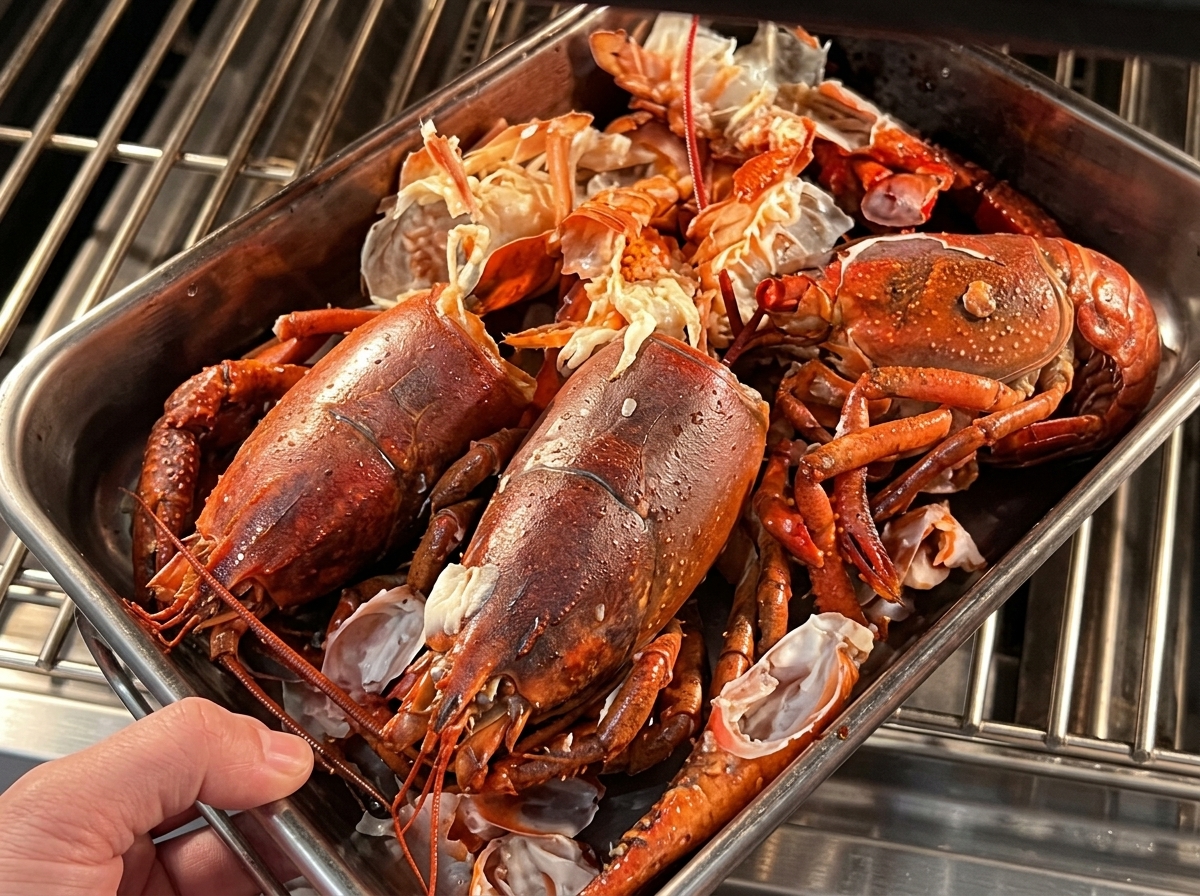 Cabezas y carcasas de bogavante en una bandeja metálica listas para el horno.