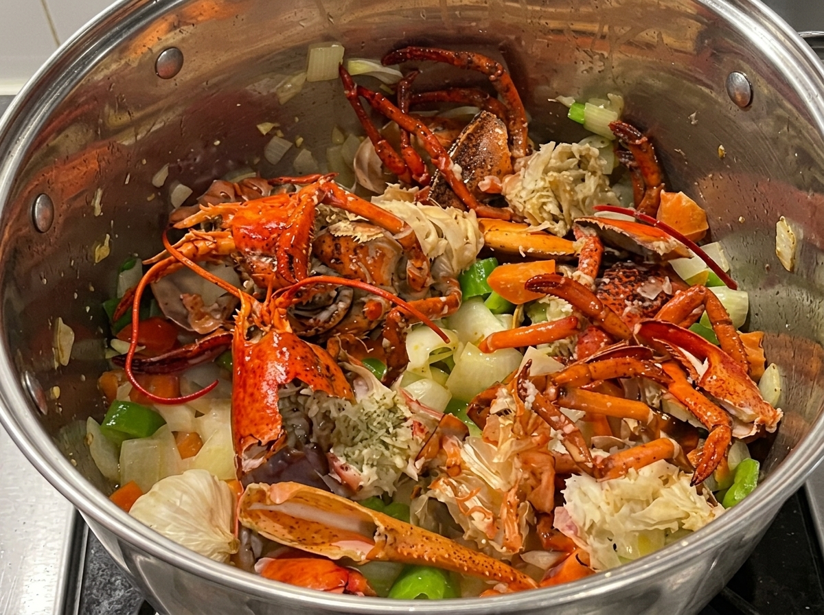Carcasas de bogavante tostadas mezcladas con la mirepoix en una olla grande.