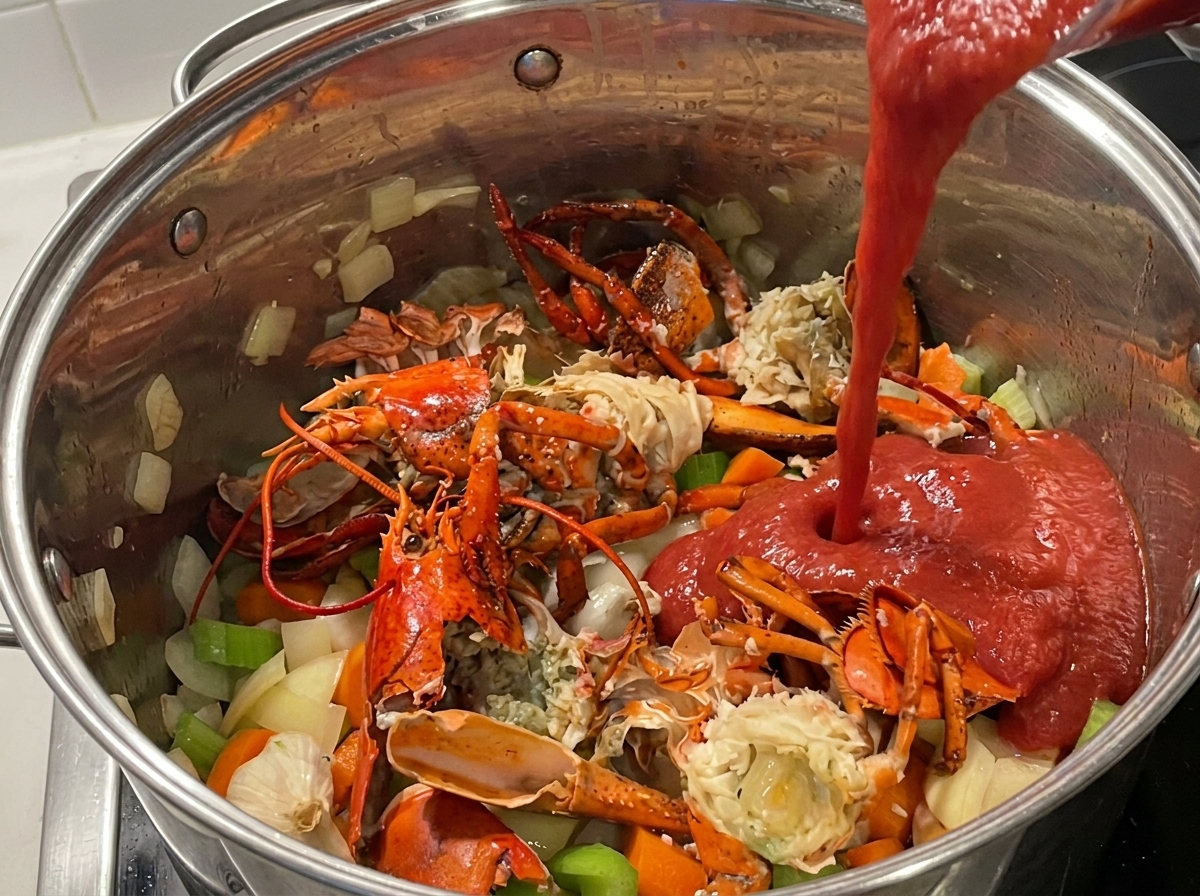 Puré de tomate siendo vertido en una olla con carcasas y verduras.